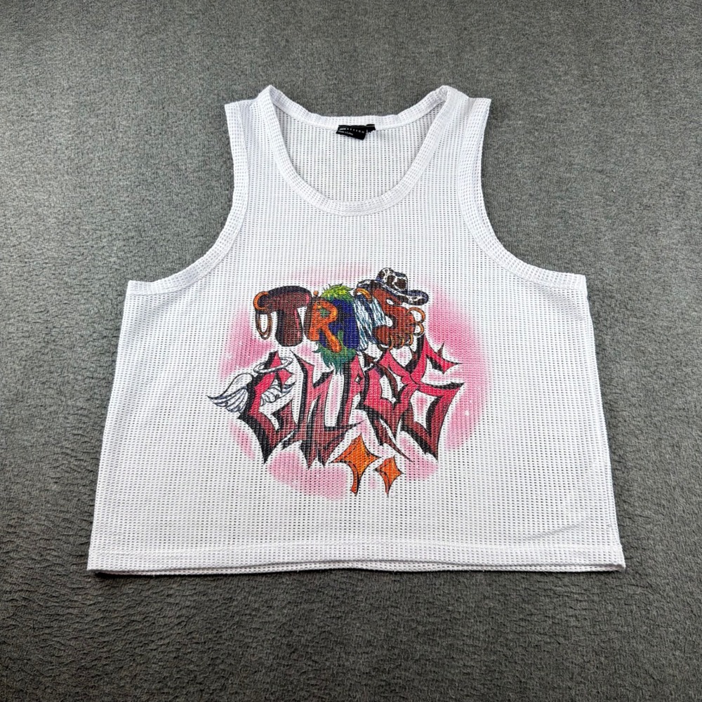 ASOS DESIGN Tank Top Men's L White Mesh True Chaos Graffiti Graphic Crop Vest